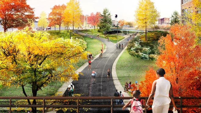 Una representación de la extensión Southwest Greenway Detroit Riverfront de $8 millones que conectará la orilla del río y el Ralph C. Wilson Jr. Centennial Park planificado con la estación de tren y los vecindarios en todo el suroeste de Detroit, Mexicantown y Corktown.